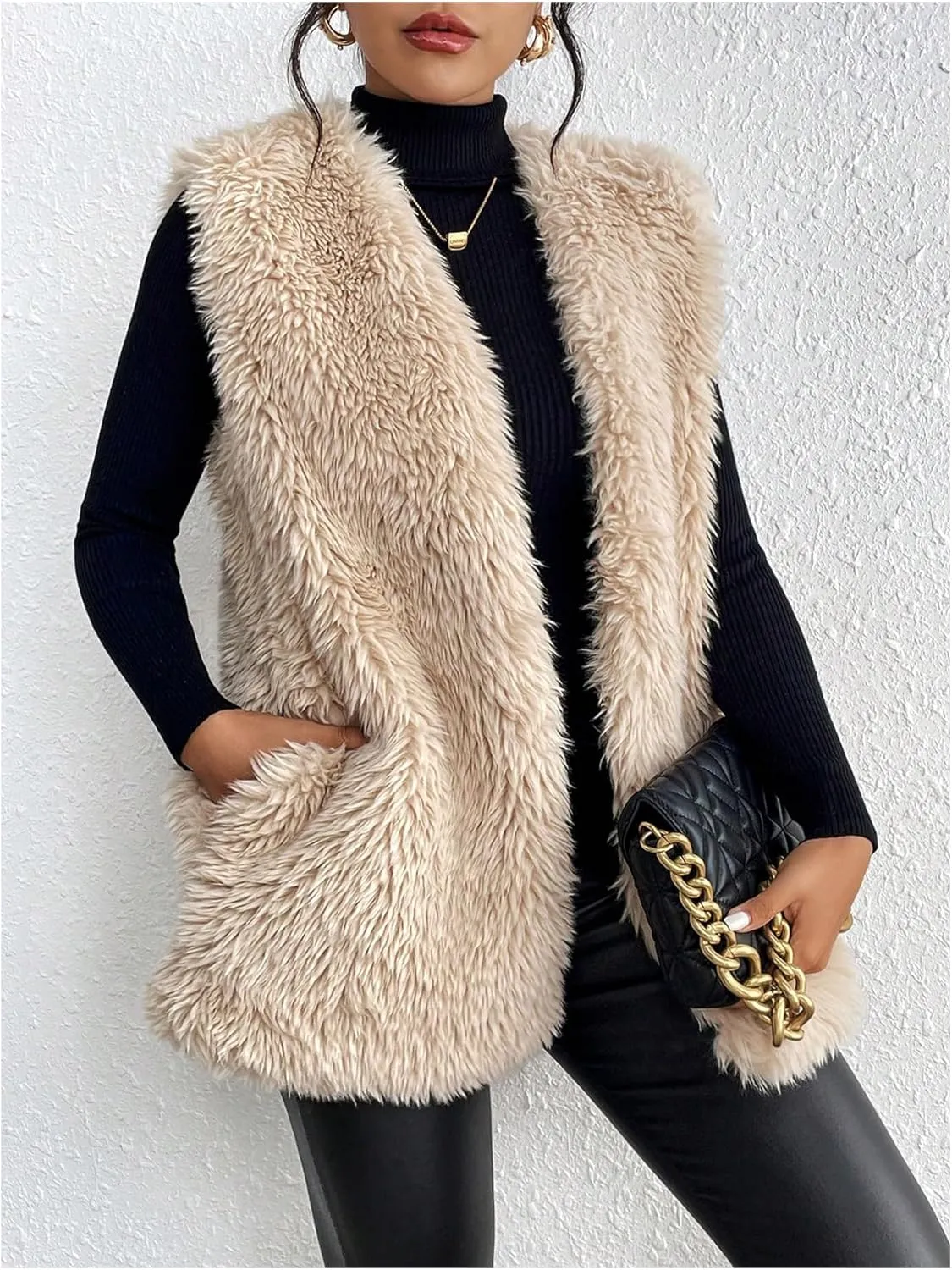 Verdusa Women's Fuzzy Faux Fur Sleeveless Vest Teddy Coats Open Front Plush Waistcoat Outerwear