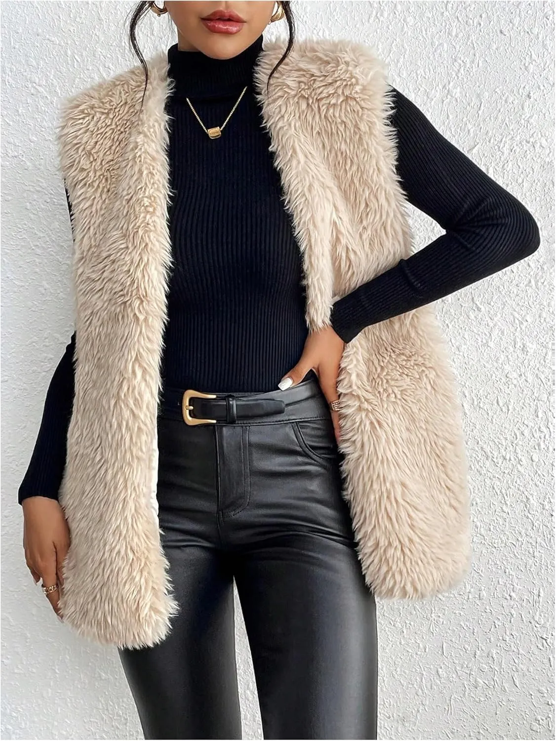 Verdusa Women's Fuzzy Faux Fur Sleeveless Vest Teddy Coats Open Front Plush Waistcoat Outerwear