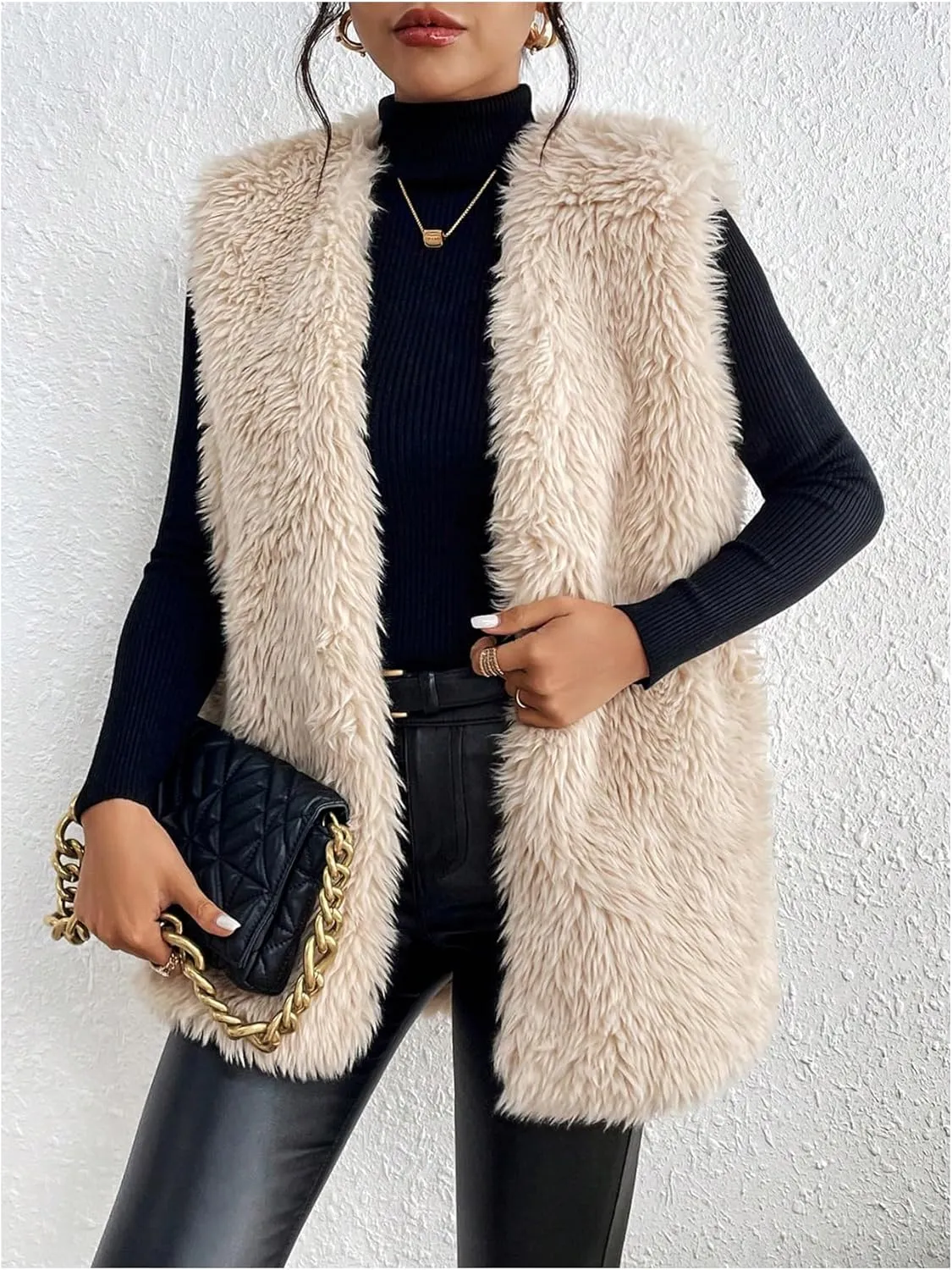Verdusa Women's Fuzzy Faux Fur Sleeveless Vest Teddy Coats Open Front Plush Waistcoat Outerwear