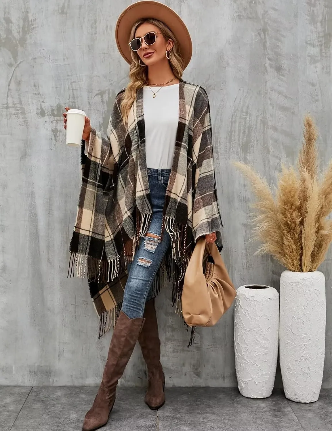 VIMPUNEC Women Boho Buffalo Plaid Poncho Pashmina Shawl Wrap Cape Sweater Knitting Cardigan with Tassel