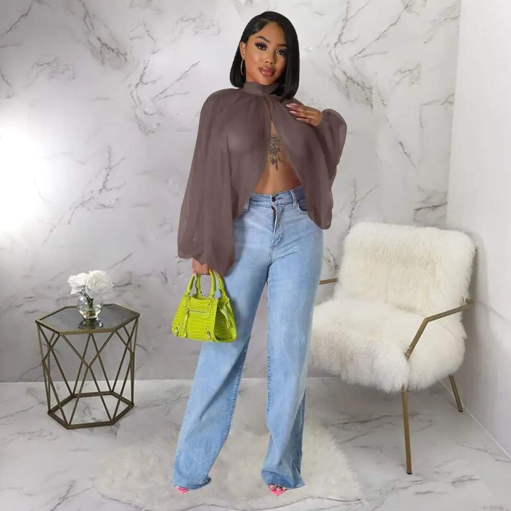 Women's Balloon Sleeve High Slit Summer Loose Chiffon Tops Irregular Blouses Tunics Front Split Cover Ups