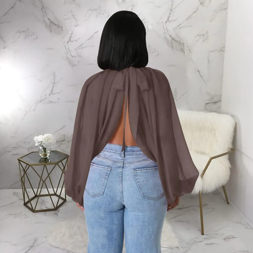 Women's Balloon Sleeve High Slit Summer Loose Chiffon Tops Irregular Blouses Tunics Front Split Cover Ups