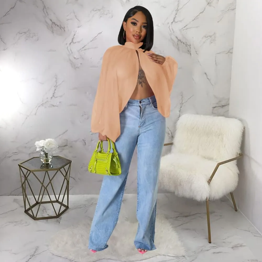 Women's Balloon Sleeve High Slit Summer Loose Chiffon Tops Irregular Blouses Tunics Front Split Cover Ups