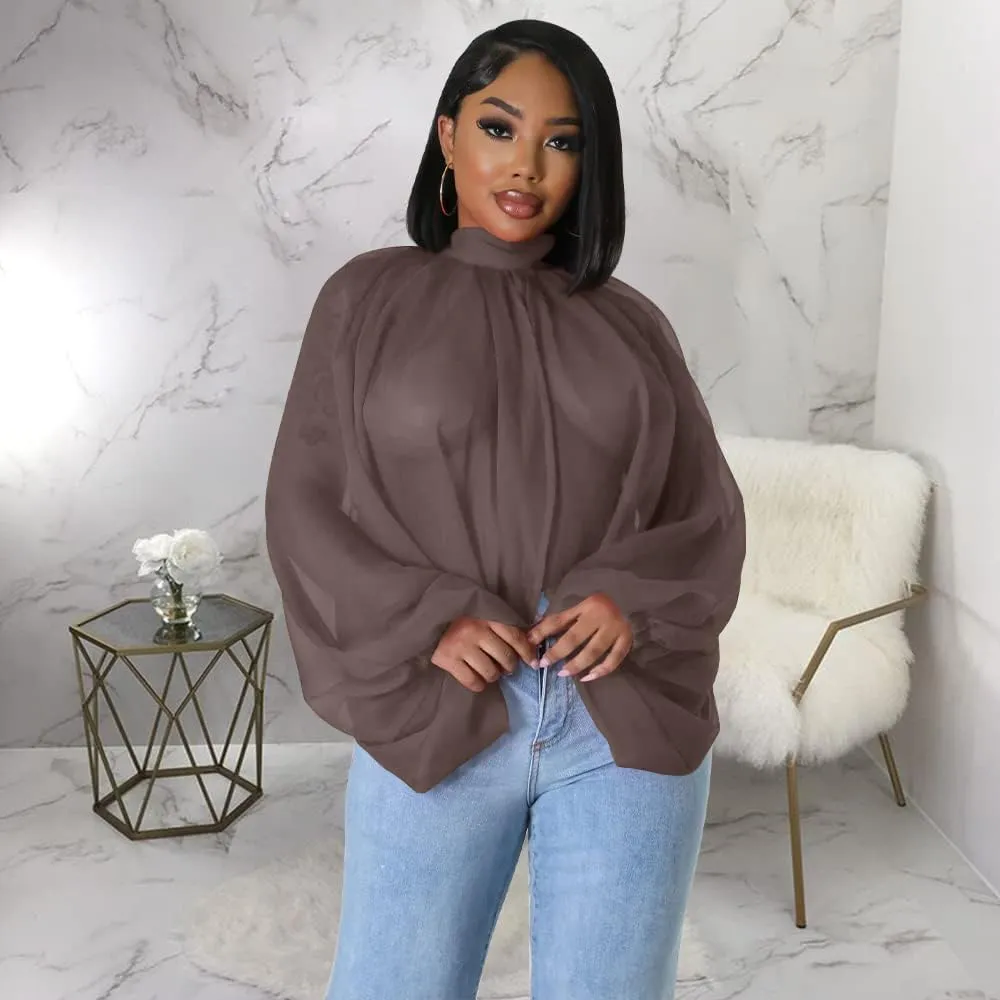Women's Balloon Sleeve High Slit Summer Loose Chiffon Tops Irregular Blouses Tunics Front Split Cover Ups