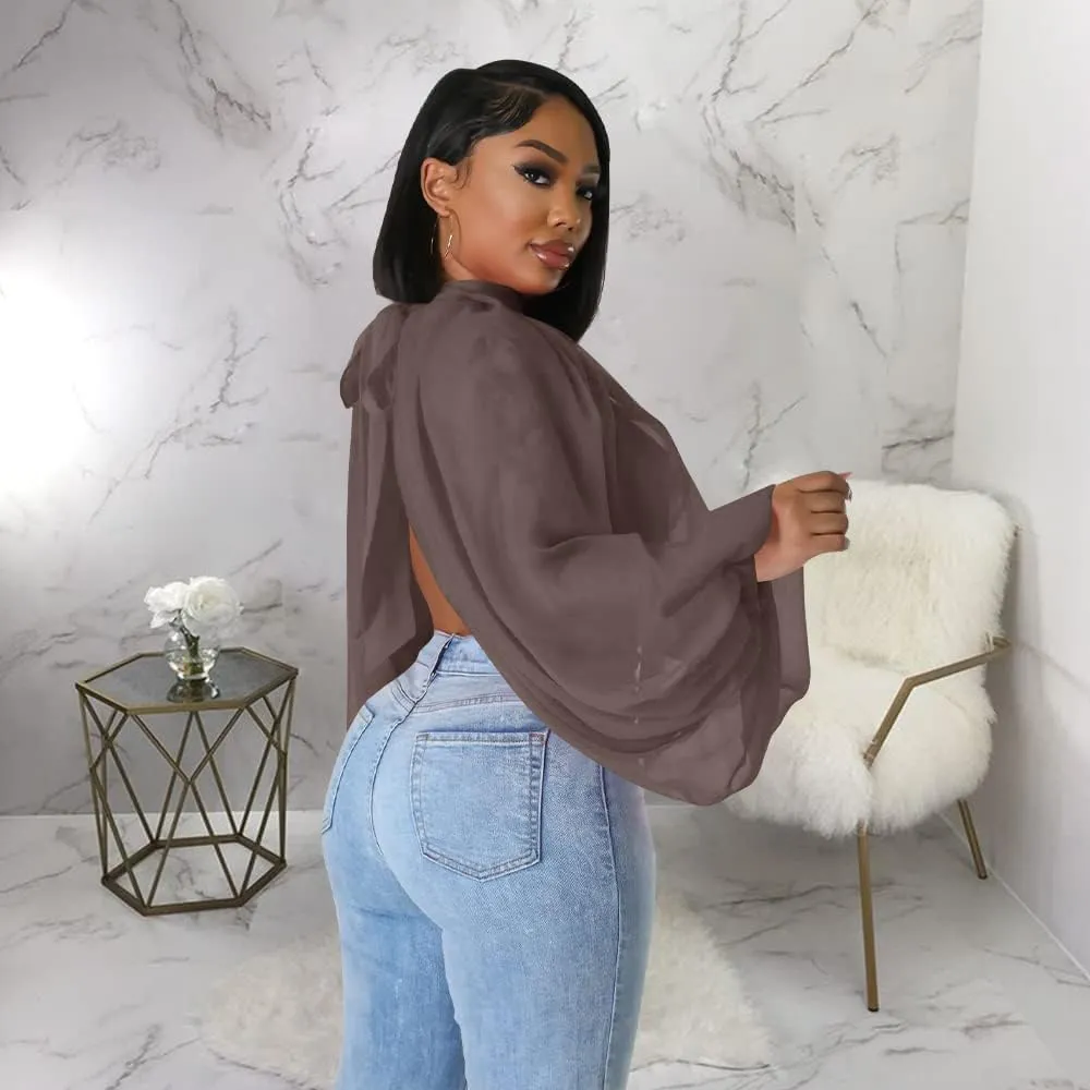 Women's Balloon Sleeve High Slit Summer Loose Chiffon Tops Irregular Blouses Tunics Front Split Cover Ups