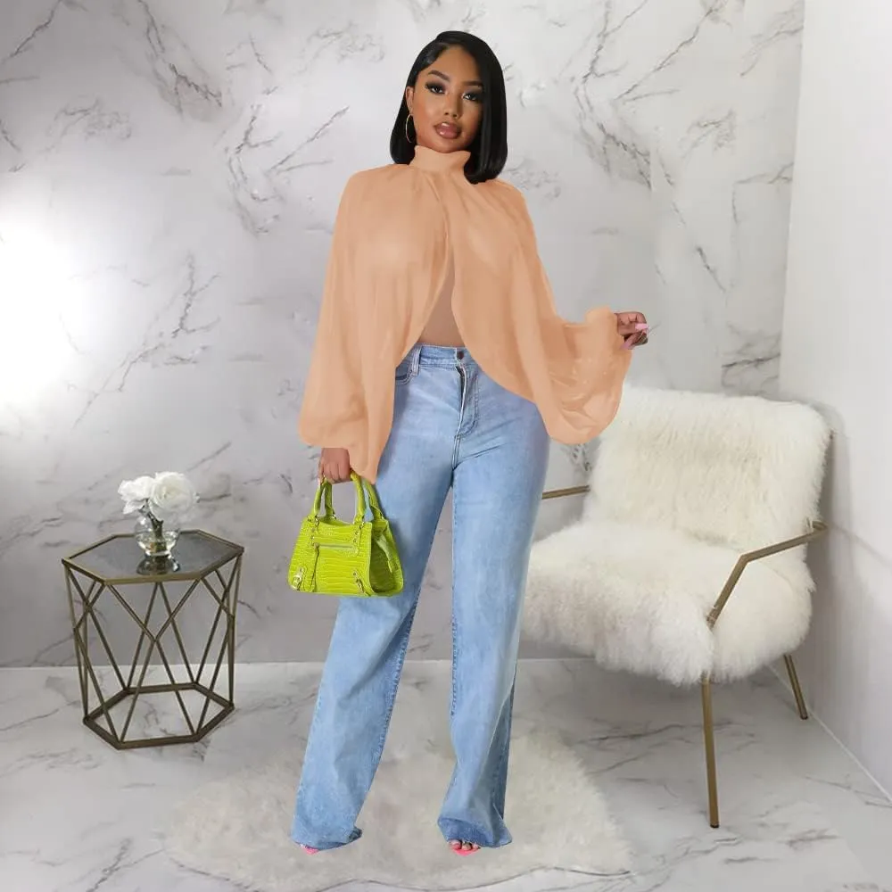 Women's Balloon Sleeve High Slit Summer Loose Chiffon Tops Irregular Blouses Tunics Front Split Cover Ups
