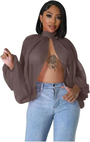 Women's Balloon Sleeve High Slit Summer Loose Chiffon Tops Irregular Blouses Tunics Front Split Cover Ups