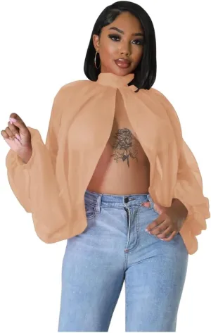 Women's Balloon Sleeve High Slit Summer Loose Chiffon Tops Irregular Blouses Tunics Front Split Cover Ups