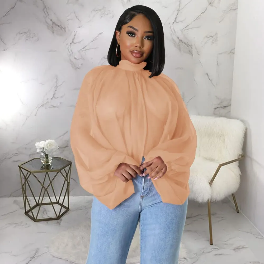 Women's Balloon Sleeve High Slit Summer Loose Chiffon Tops Irregular Blouses Tunics Front Split Cover Ups