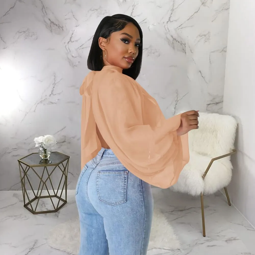 Women's Balloon Sleeve High Slit Summer Loose Chiffon Tops Irregular Blouses Tunics Front Split Cover Ups