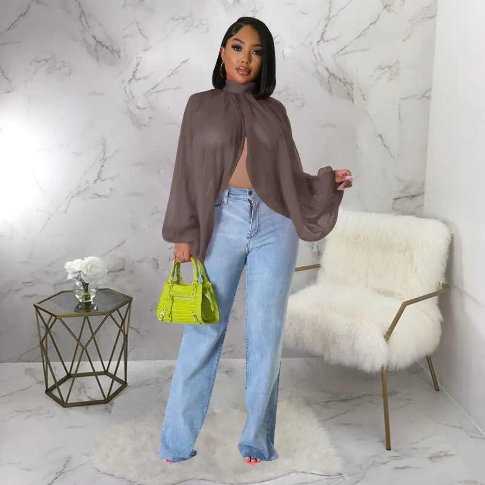 Women's Balloon Sleeve High Slit Summer Loose Chiffon Tops Irregular Blouses Tunics Front Split Cover Ups