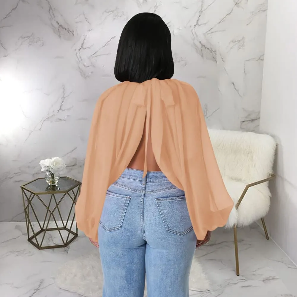Women's Balloon Sleeve High Slit Summer Loose Chiffon Tops Irregular Blouses Tunics Front Split Cover Ups
