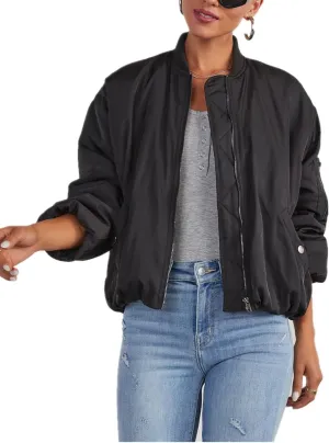 Womens Oversized Bomber Jacket Zip Up Quilted Lightweight Winter Warm Coat