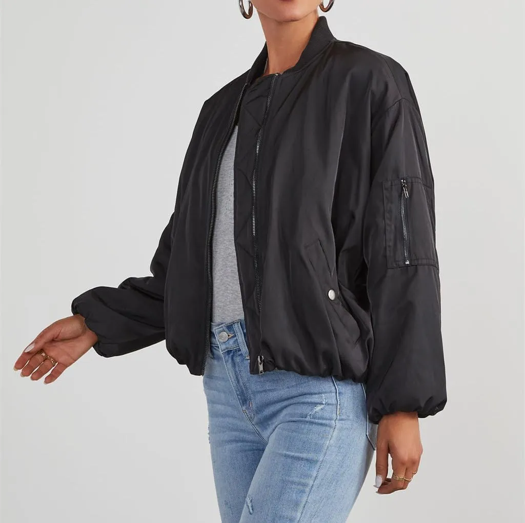 Womens Oversized Bomber Jacket Zip Up Quilted Lightweight Winter Warm Coat