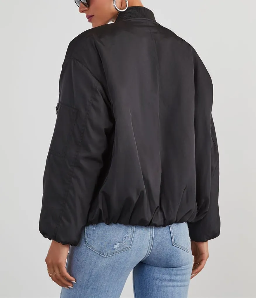 Womens Oversized Bomber Jacket Zip Up Quilted Lightweight Winter Warm Coat
