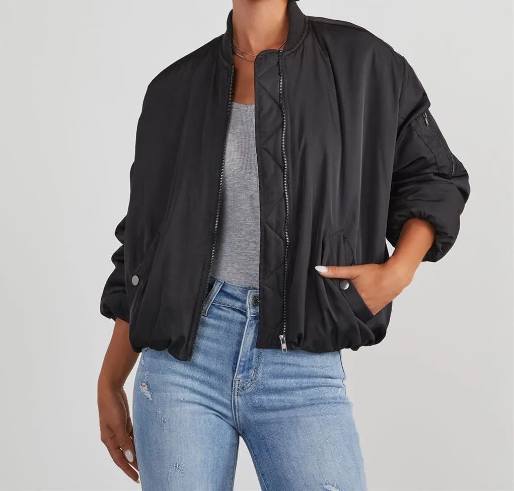 Womens Oversized Bomber Jacket Zip Up Quilted Lightweight Winter Warm Coat
